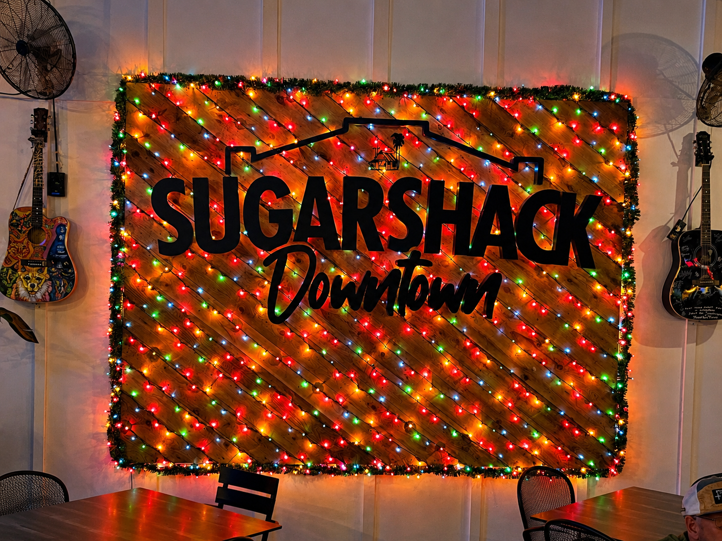 Sugar Shack Downtown sign with colorful permanent lighting display